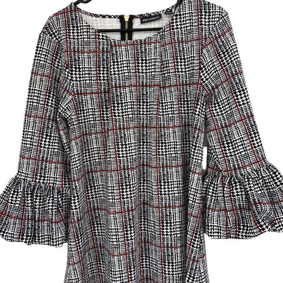Nina Leonard Size M Bell Bubble Sleeve A-Line Dress Knit stretch Plaid 1940 EUC - Picture 2 of 9